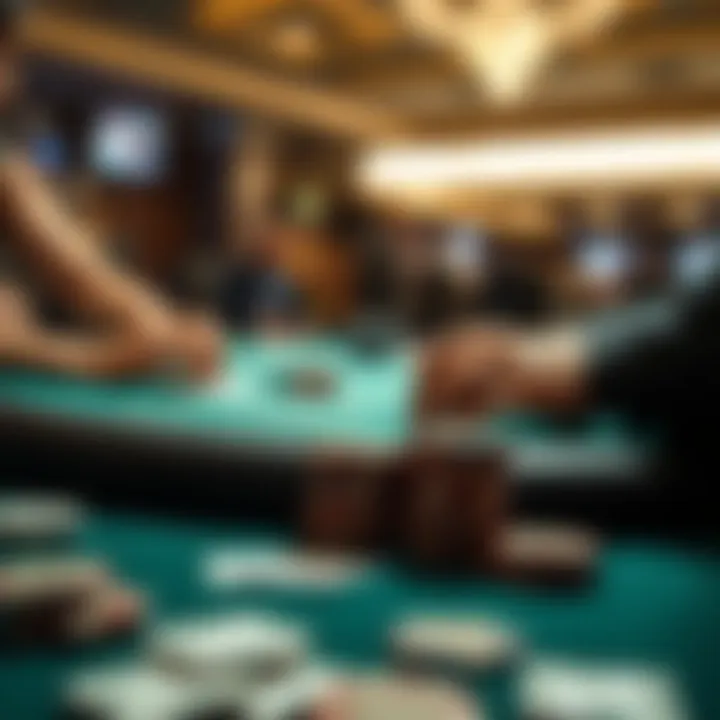 A close-up of a poker table with cards and chips