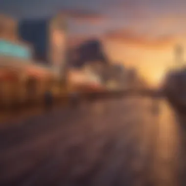 Sunset view of Atlantic City boardwalk with casinos