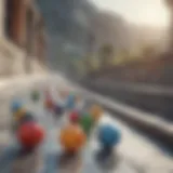 Colorful marbles racing down a track