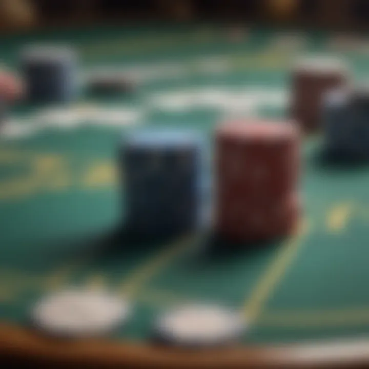 A close-up of poker chips and cards on a gaming table