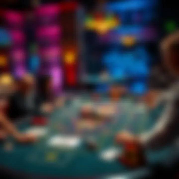 A well-organized blackjack table setup with a dealer and players in a lively atmosphere