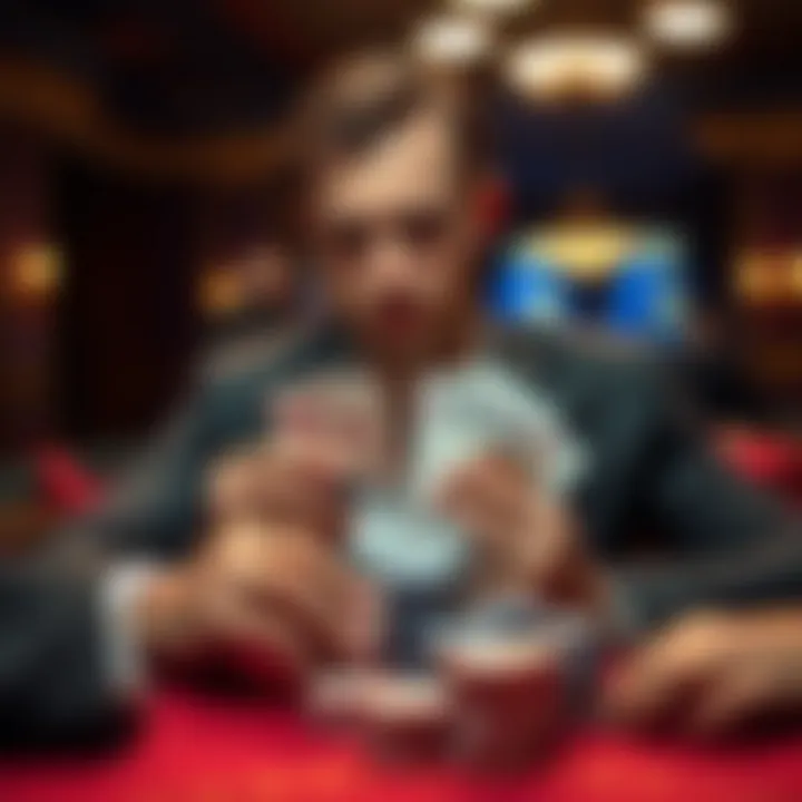 Player contemplating strategy while holding poker cards