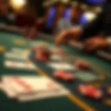 Close-up of Three Card Poker table layout with chips and cards