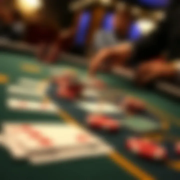 Close-up of Three Card Poker table layout with chips and cards