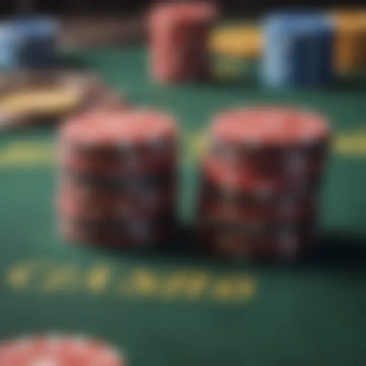 A close-up of casino chips stacked on a felt table, reflecting strategic betting decisions.