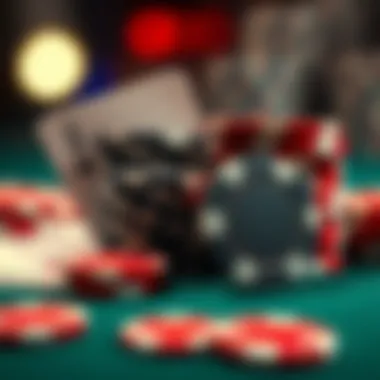 A close-up of poker chips and cards symbolizing competition